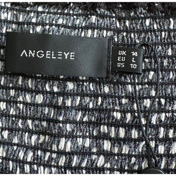 Black & White Polka Dot Long Sleeve Midi Peasant Dress Square Neck Ruched Size L - Picture 5 of 14